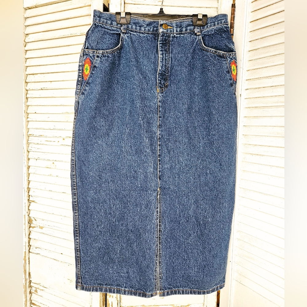 Vintage 80s Denim Midi Skirt With Embroidery Detail Large